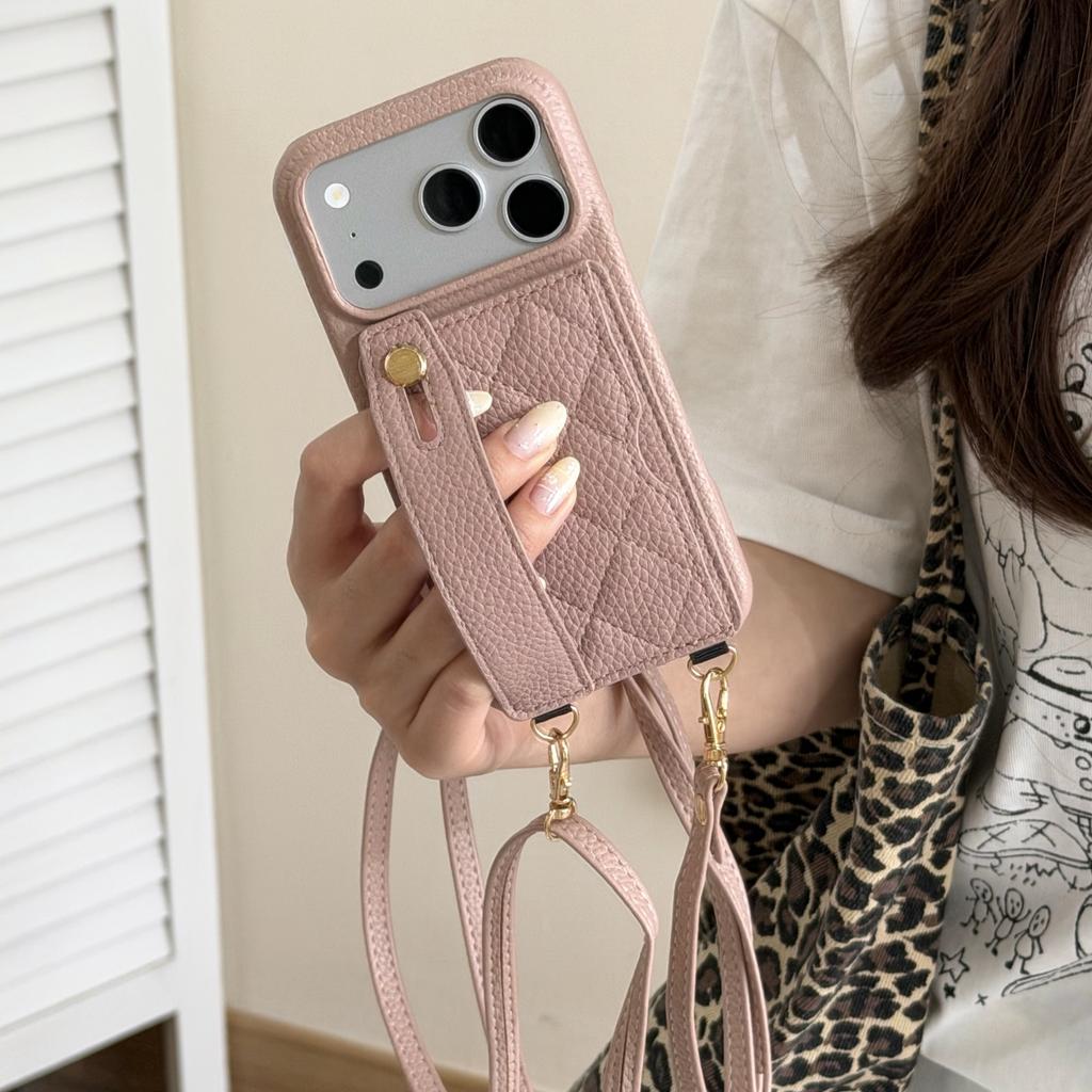 Crossbody Long Lanyard Quilted Leather Wristletband Cards Solt Phone Case for iPhone 17 Pro Max 16 15 14 13 12 Shockproof Cover