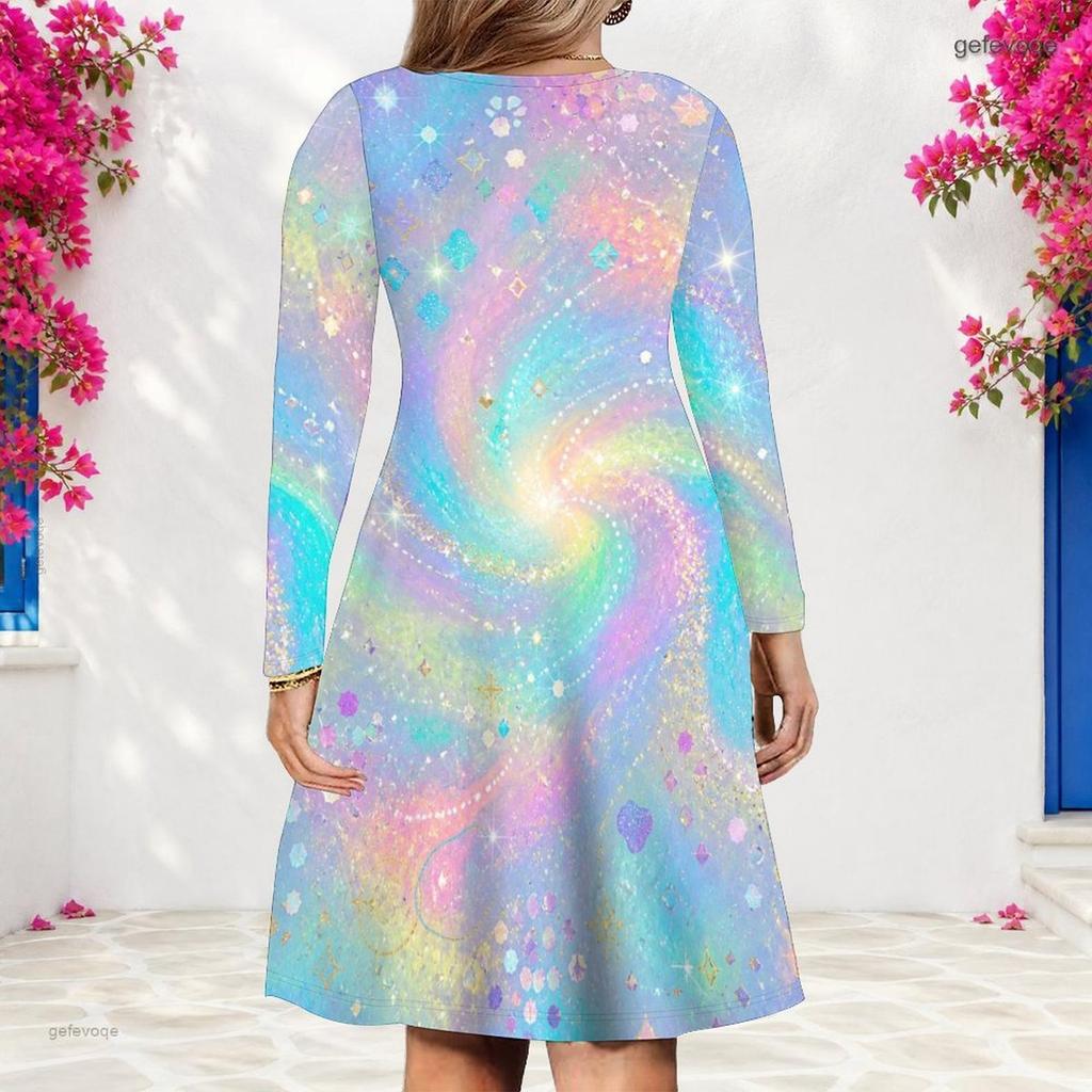Women Plus Size V Neck Long Sleeve Printed A Line Dress Black Blue Purple Green