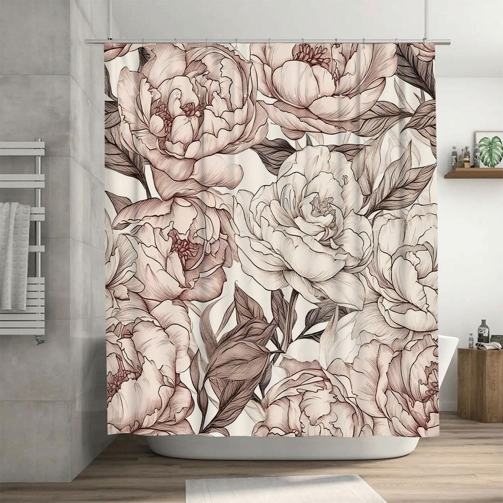 Luxury Floral Print Shower Curtain Set Pink White Peony Bath Decor for Home Decoration Extra Long Waterproof Bathroom Curtains w