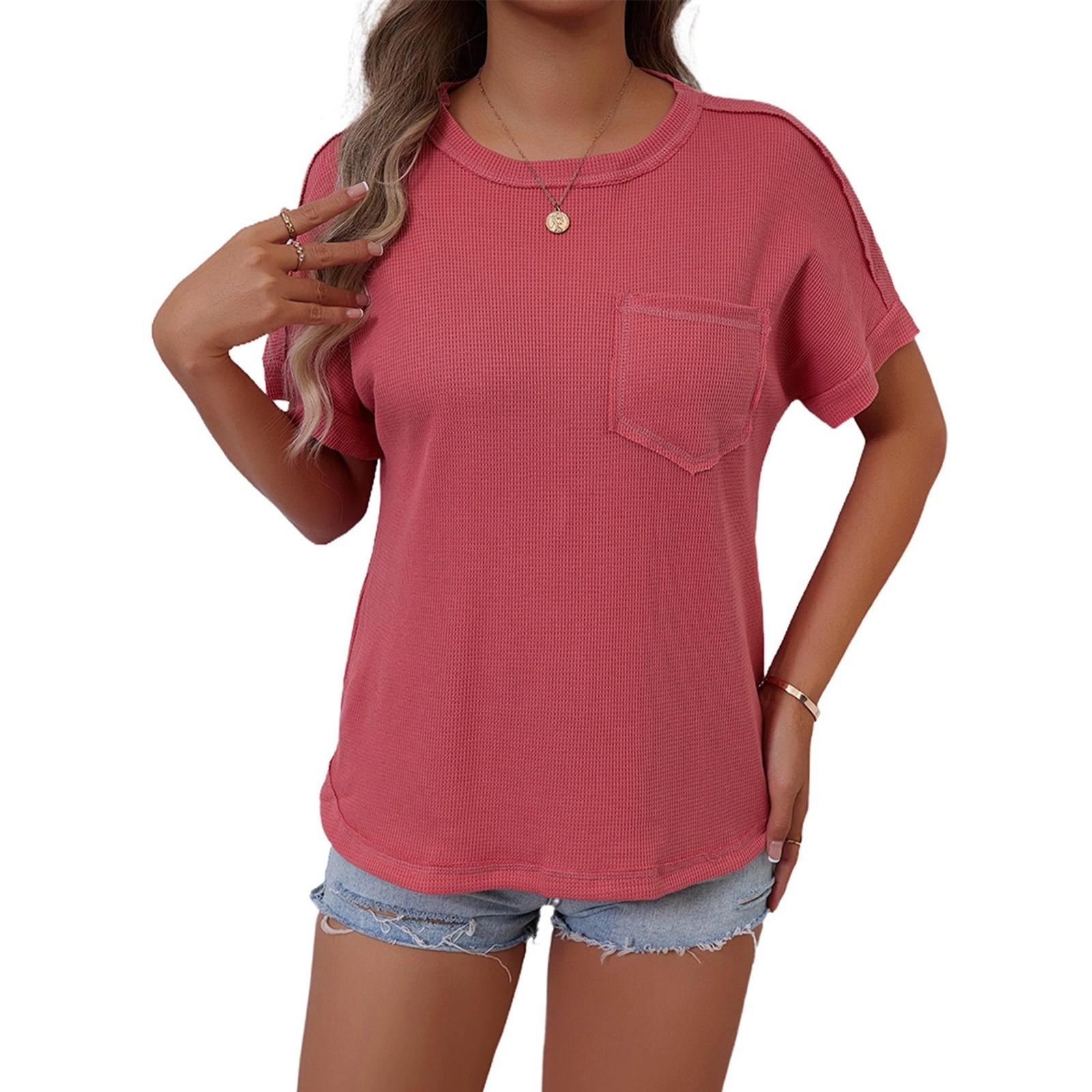 

Женская мода однотонный круглый вырез короткий рукав карман свитер повседневная футболка топ L красный