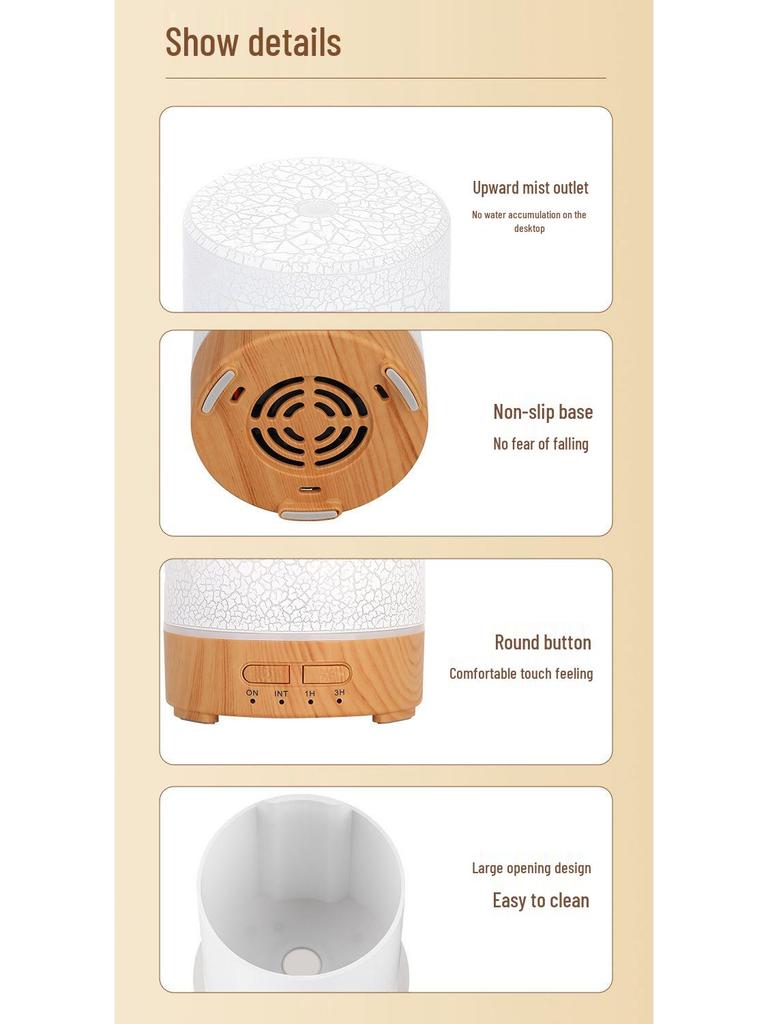 Crackle USB Desktop Humidifier with Seven-Color Ambient Light and Large Mist Output for Silent Home and Bedroom Aroma Diffusion.
