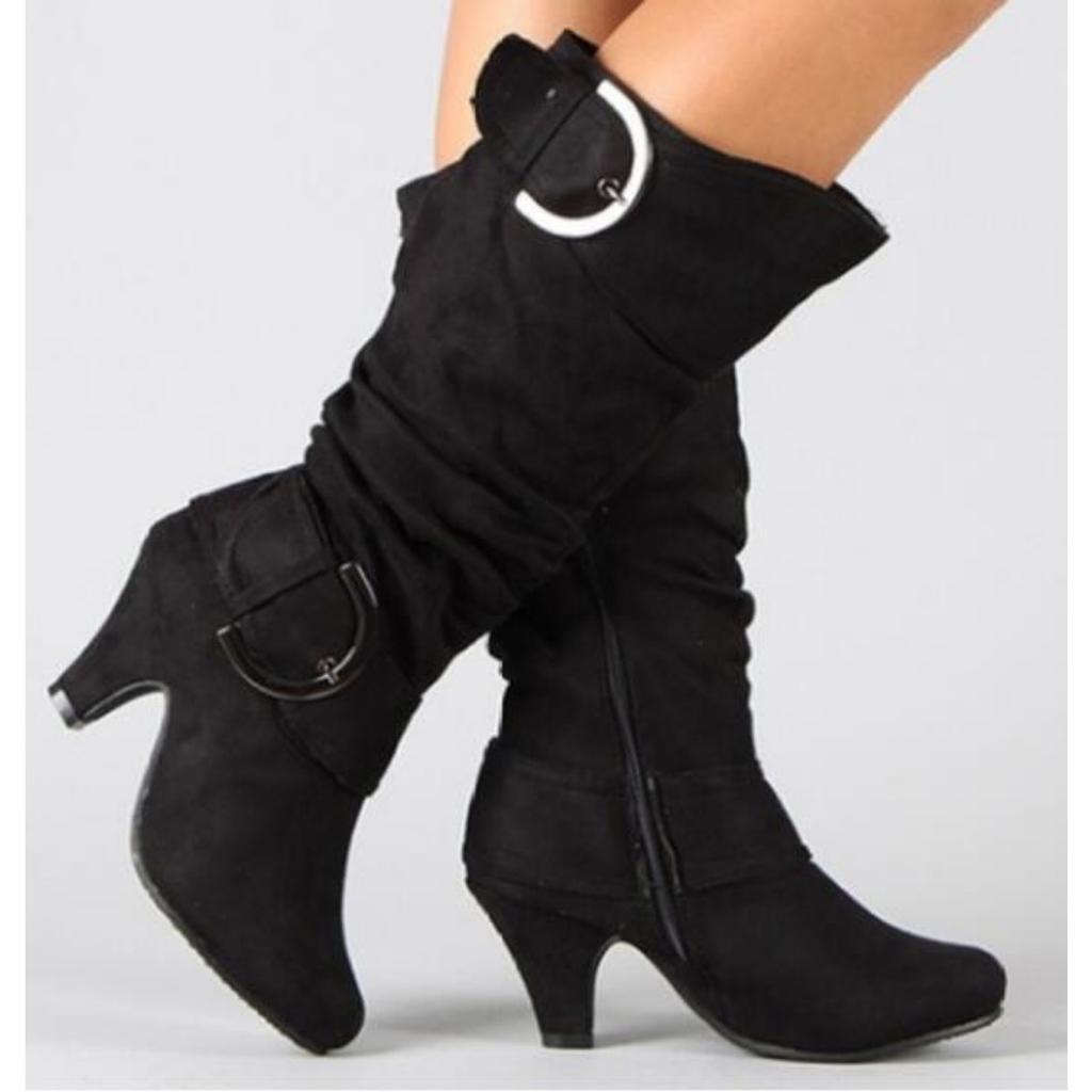 Herbst- und Winter-Stiefel mit Gürtelschnalle, mittelhohem Absatz, hohem Schaft, matt, für Damen 40-43