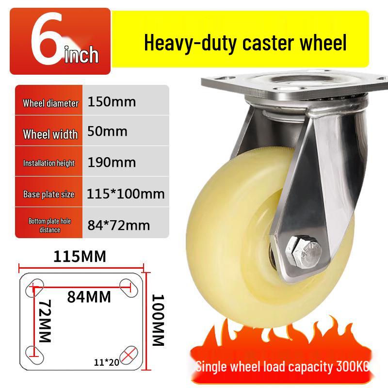 Heavy-Duty Rust-Proof 304 Stainless Steel Casters: 4, 5, 6, 8-inch Swivel Nylon Wheels, Super Wear-Resistant Trolley.