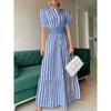 Cross-Border Stripe European and American Elegant Long Bubble Short Sleeve Patchwork Fishtail Big Hemline Jumpsuit Long Dress With Belt Dress