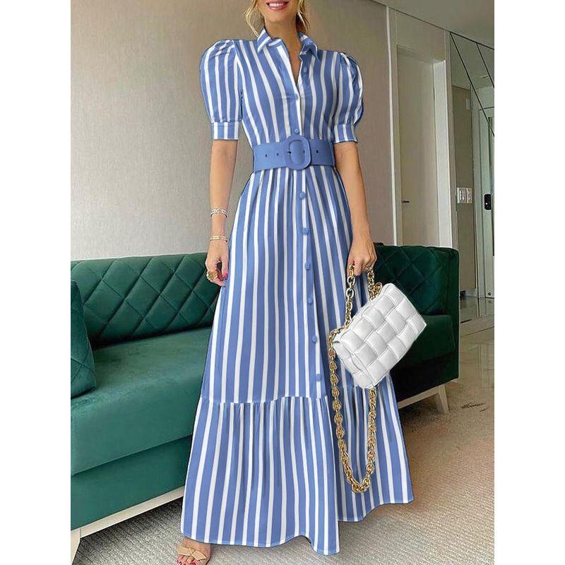 Cross-Border Stripe European and American Elegant Long Bubble Short sleeve Patchwork Fishtail Big Hemline Jumpsuit Long dress With Belt Dress