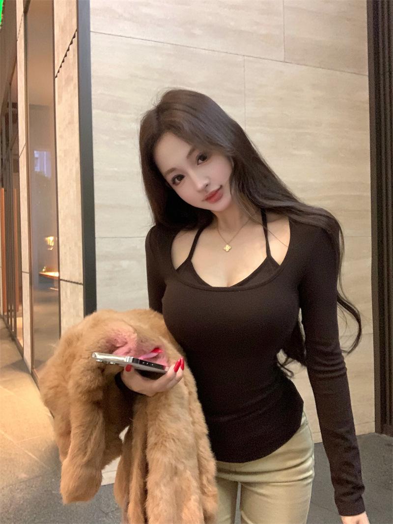 2025 Autumn/Winter Korean Style Women’s Cropped Slim Bodycon Square Neck Halter Top One Size