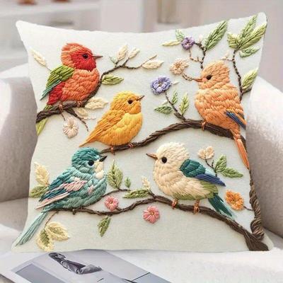 Housse de coussin brodée de 45 cm avec motif d'oiseaux colorés et imprimé floral pour la décoration du salon