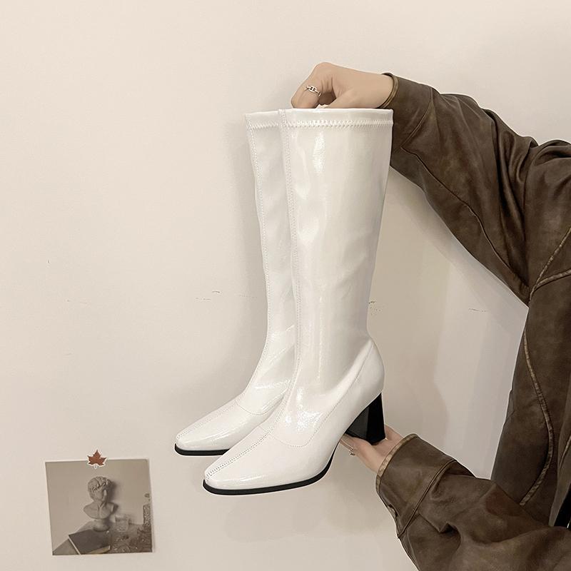 Winter Pointed Toe Patent Leather Women Knee High Boots Fashion Shoes Street Style High Heel Mordern Long Botas Mujer