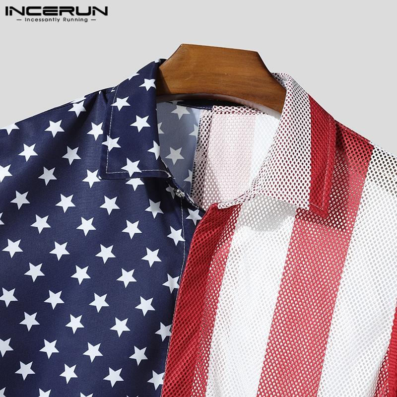 INCERUN Summer Men Lapel Tassel Sleeve Stitching Print Mesh Sheer Casual Tank Tops