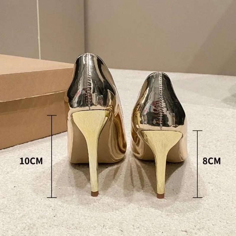 Fashion Sexy Pointed Toe Patent Leather Mirror Surface Silver High Heels Womens Pumps Banquet Wedding Shoes Large Size Stiletto Heels 43