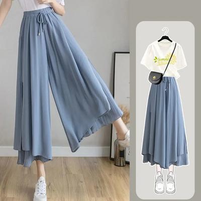 Pantaloni da donna, pantaloni a culotte, elastici, larghi, con orlo irregolare, a doppio strato, pantaloni coreani, estivi, casual, larghi, plissettati