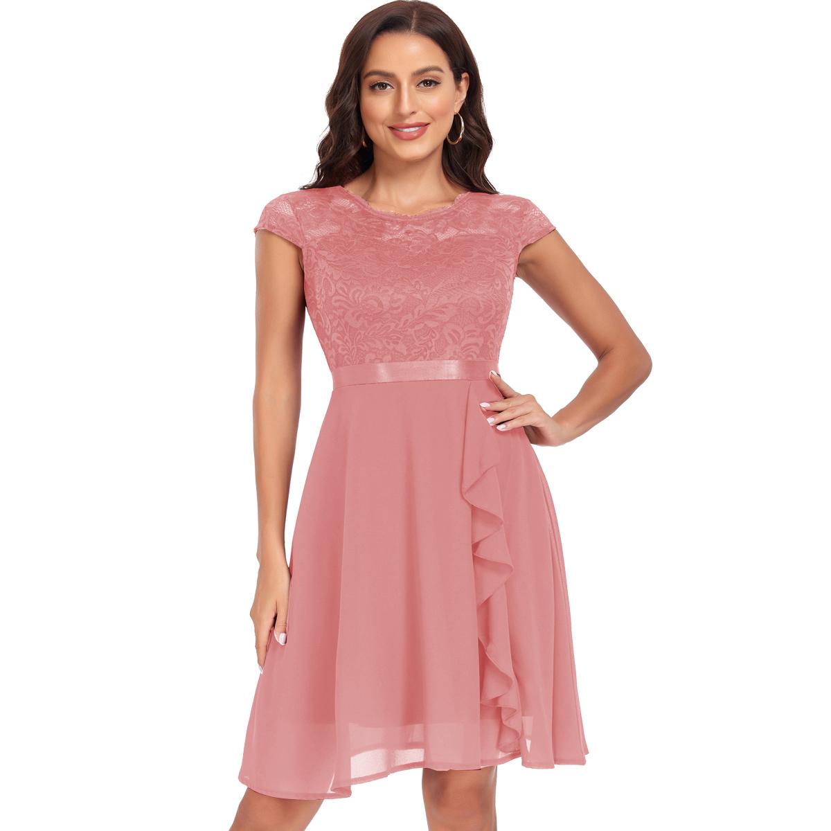 

Женские коктейльные платья с цветочным кружевом и круглым вырезом, шифоновая распашная юбка, вечернее платье в стиле Хепберн с лентой на талии XXL розовый