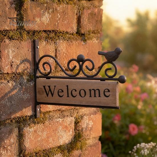 Reinforced Mounting Welcome Sign Mini Bird Sign, Retro Carved Wooden Panel with Iron Frame Wall Shaped Door for Outdoor Porch Courtyard Gates Fences,