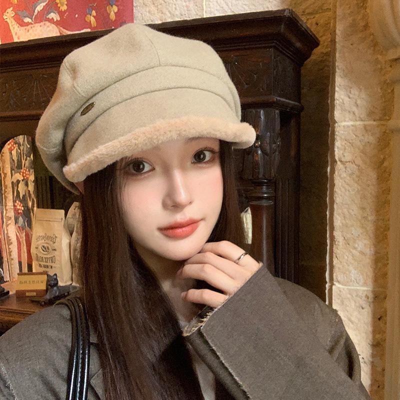 Fisherman Hat Women's Autumn and Winter New Fashion Revealing Small Versatile Basin Hat Plus Velvet Warmth Ear Protection Octagonal Hat Trendy