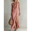 New European American Women Casual Striped Stand Collar Sleeveless Slit Maxi Long Dress Vacation Style