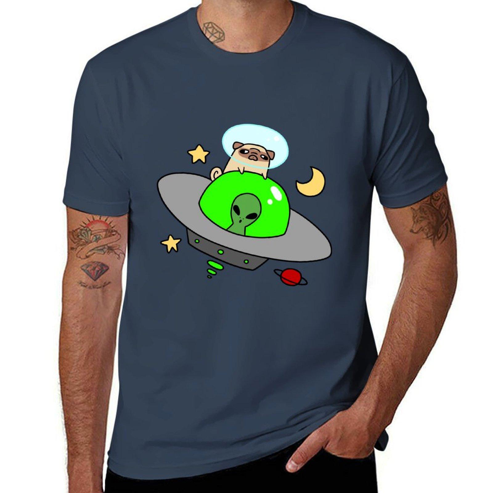 Space Pug Riding a UFO Tshirt new edition kawaii clothes cute clothes Mens cotton tshirt S