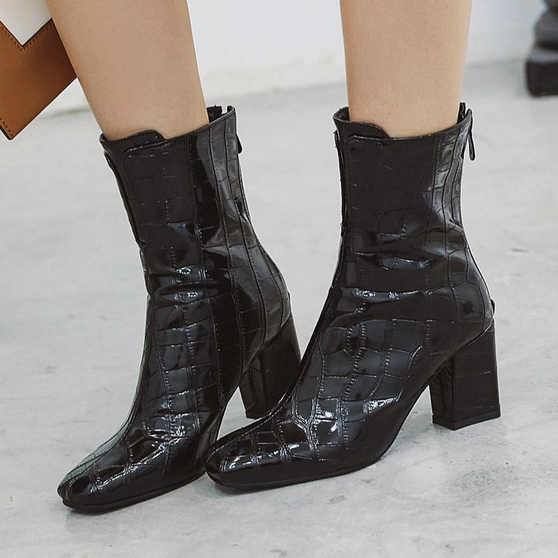 Autumn Women's Ankle Boots Shoes Snake Leather Block High Heel Red White Short Boot Female Fashion Winter Shoes Large Size 48