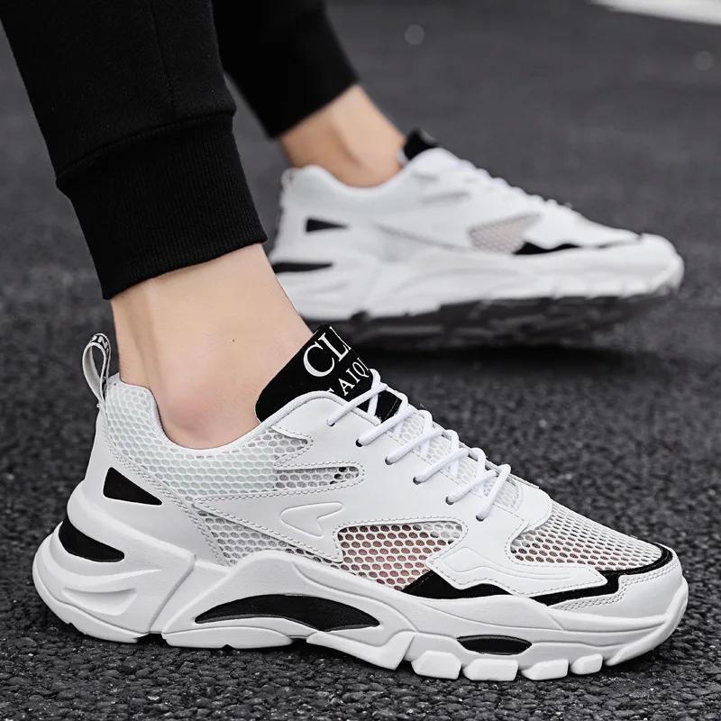 Men's White Mesh Platform Sneakers Breathable Summer Lace Up Casual Shoes Lightweight Fashion Sports Footwear