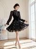 Retro Puff Sleeve Chiffon Floral Velvet Patchwork Dress - Waist-Cinched Short Skirt