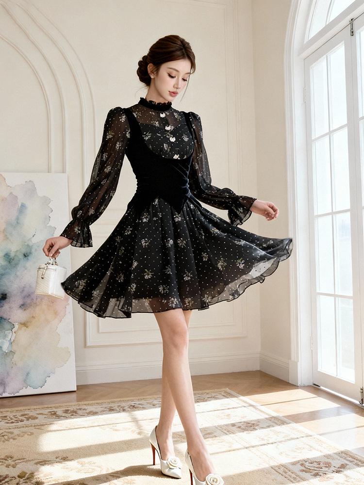 Retro Puff Sleeve Chiffon Floral Velvet Patchwork Dress - Waist-Cinched Short Skirt