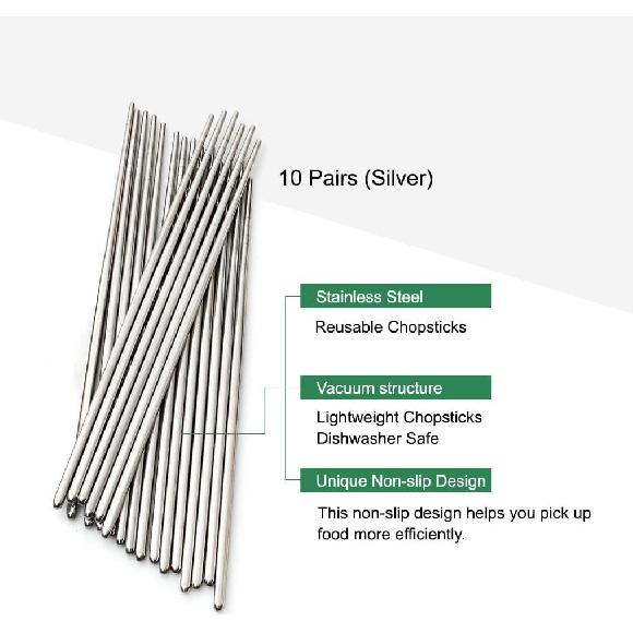 Vacuum Chopsticks 10 Pairs For Asian Party Korean Restaurants Reble Dishwasher Safe Lightweight Stainless Steel Chopsticks Non-Slip