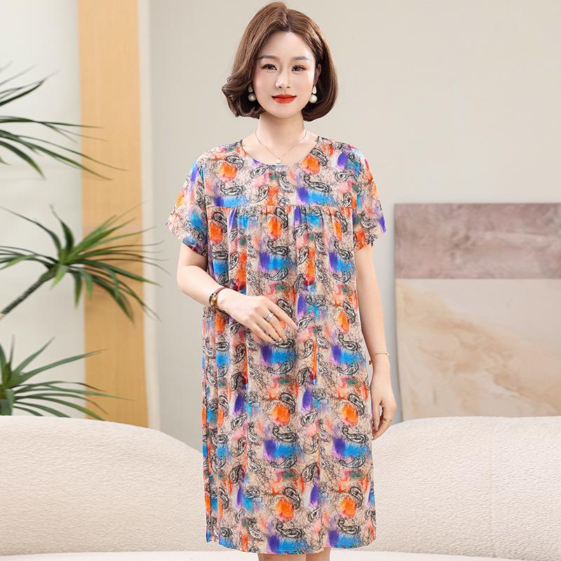 

Elegant Floral Print Cotton Silk Dress for Middle-Aged Women - Summer Chic One Size (Recommended Weight 90-150)