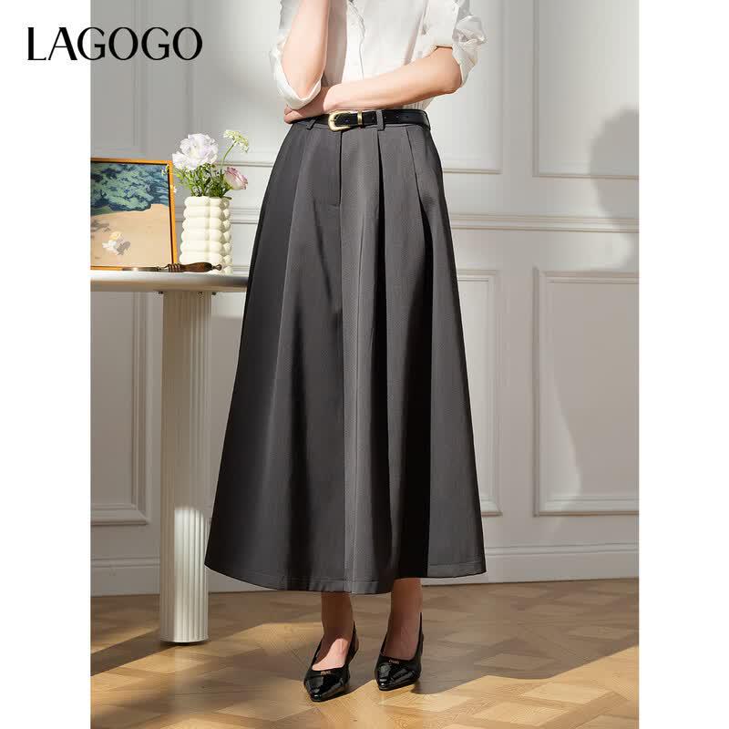 LAGOGO Women s A-line Midi Skirt with Belt L