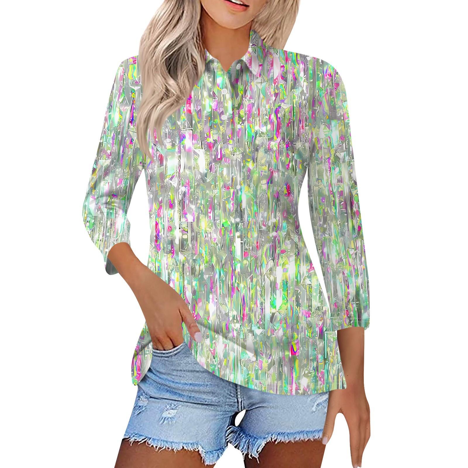 

Женская модная повседневная рубашка с короткими рукавами 3/4 с лацканами и принтом, женские топы на пуговицах L зелёный