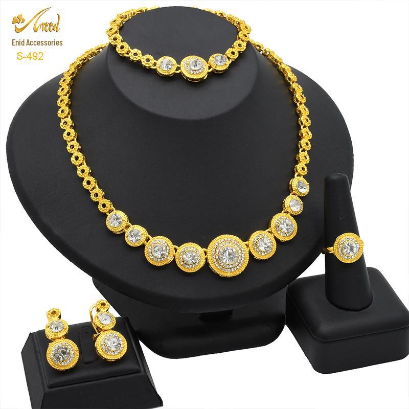 24K Gold-Plated Bridal Jewelry Set: Necklace & Earrings, Middle Eastern Wedding Style, Dubai Four-Piece Set