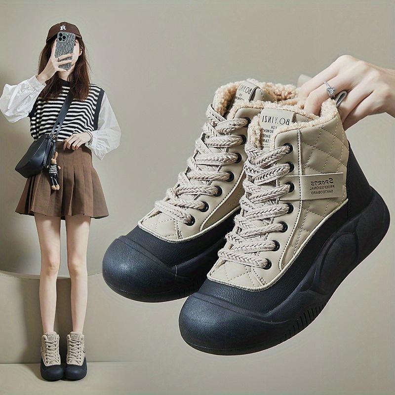 Women's Winter High-Top Sneakers Platform Shoes with Non-Slip Rubber Sole, Beige & Black Cushioned Insole for All-Day Comfort Casual Boots