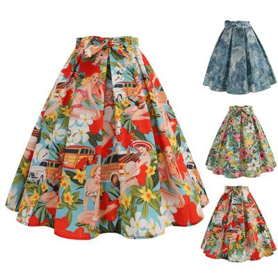 Women Midi Skirt High Waist Bowknot Decor Large Hem Skirt with Zipper Floral Print Pleated Retro Skirt Mid-calf Length Skirt