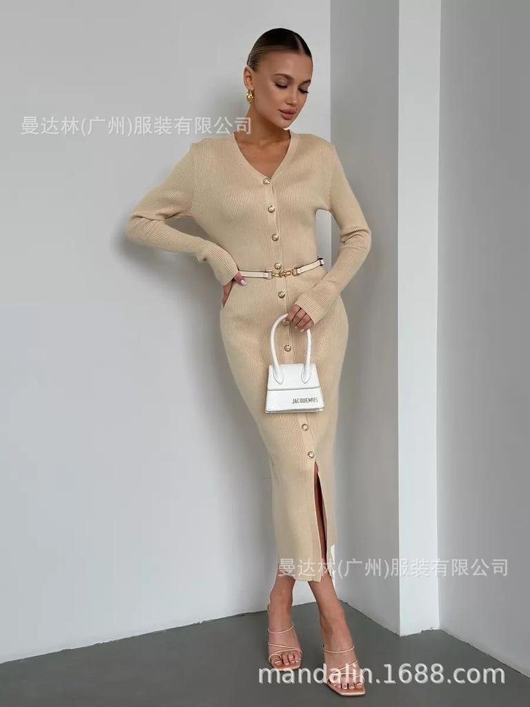 Women's V-Neck Knit Dress with Metal Buttons and Waist Belt, Side Slit, Casual Elegant Long Sleeve Sweater Dress