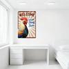 Vintage Metal Tin Sign with Red Border, White Background & Radiating Stripes - 'WELCOME to the Funny Farm' with Rooster Decor -