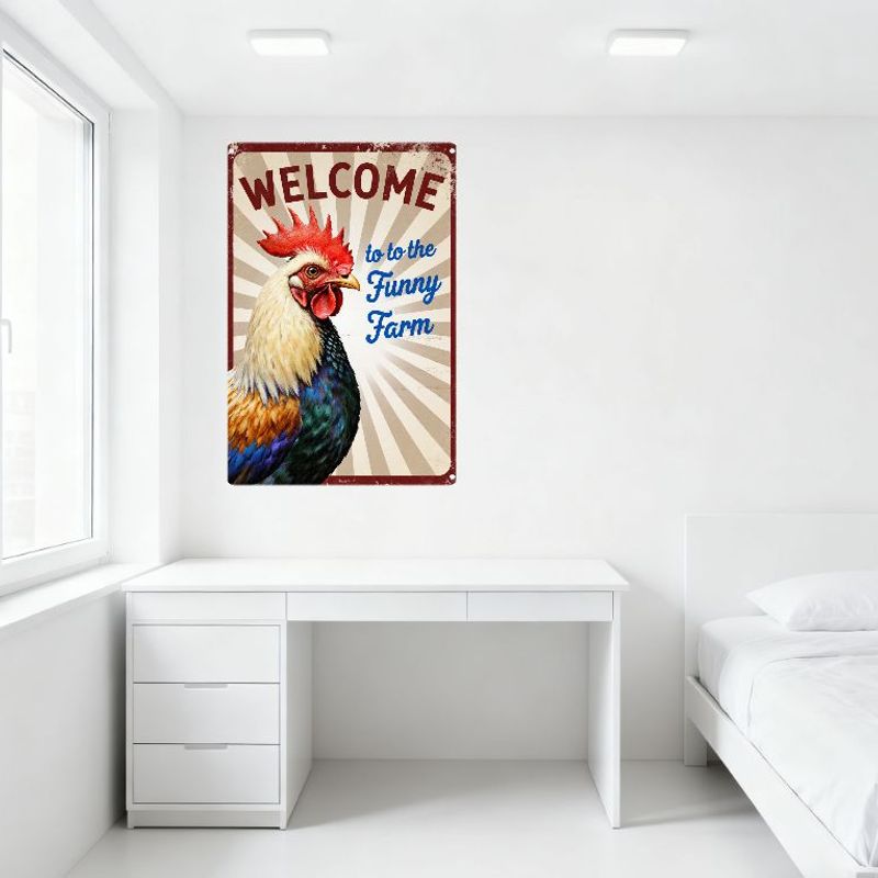 Vintage Metal Tin Sign with Red Border, White Background & Radiating Stripes - 'WELCOME to the Funny Farm' with Rooster Decor -