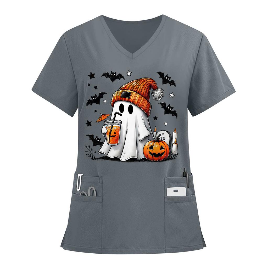 Women's V-neck Halloween Printed Short-sleeved Pocket Side-slit Protective Suit Top