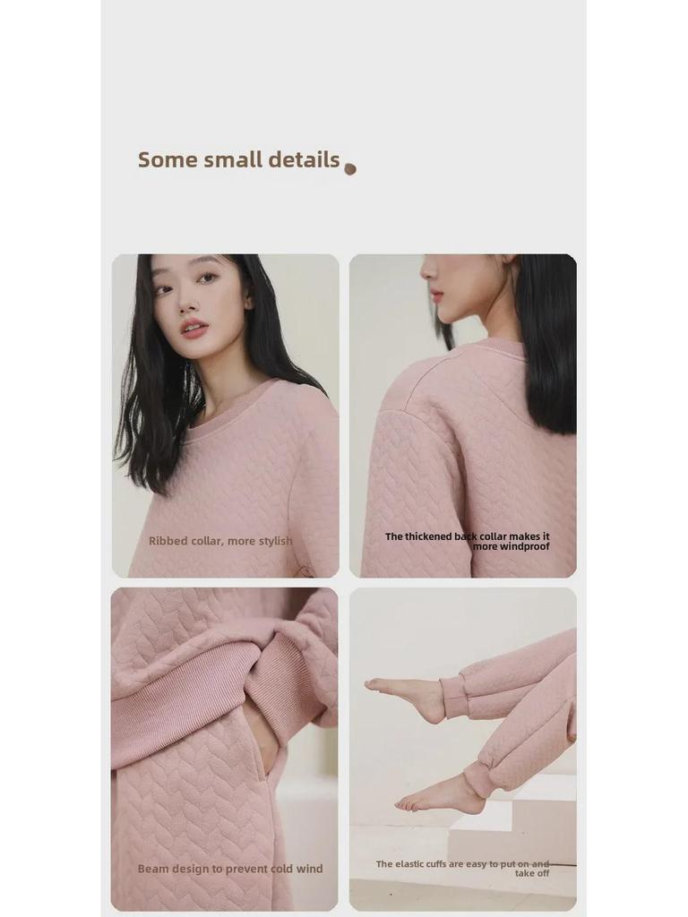 Pijama de bumbac matlasat cu mânecă lungă pentru femei - Groasă, Mărime mare pentru toamnă/iarnă