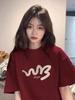 Burgundy Print Korean Style Casual Loose Short Sleeve T-Shirt