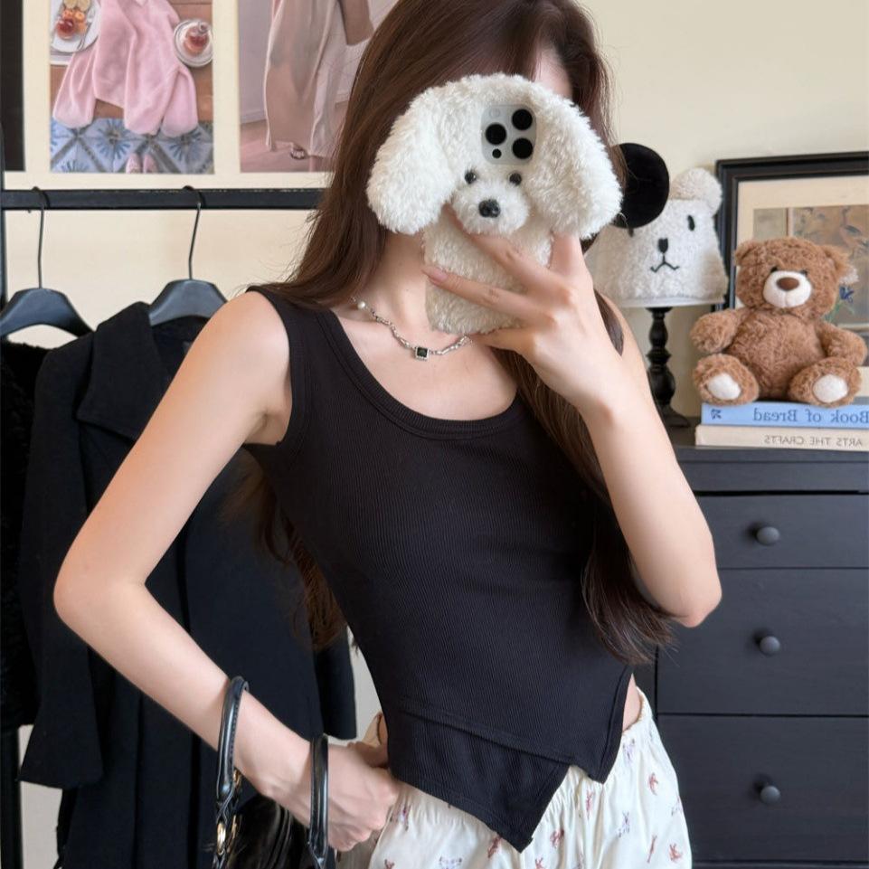 #Autumn and Winter New Polished Wide Strap Vest Inner Slim and Thin Irregular Hem Fixed Cup Short