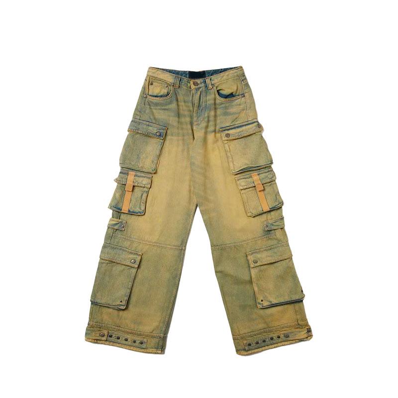 SMFKR Wild Horse Wide-Leg Retro Washed Jeans with Multiple Pockets - Casual Straight-Leg Pants S