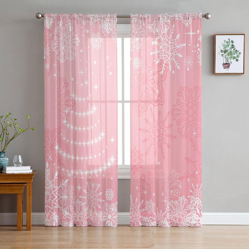 Blue Christmas Tree Christmas Ball Snowflake Sheer Curtains Home Living Room Bedroom Kitchen Window Decor Voile Tulle Curtains