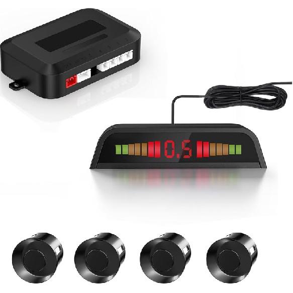 4 Parking Sensors, Compact Screen Distance Display with Sound Warning + 4 Black Parking Sensors for Car Auto Vans RV Trailer