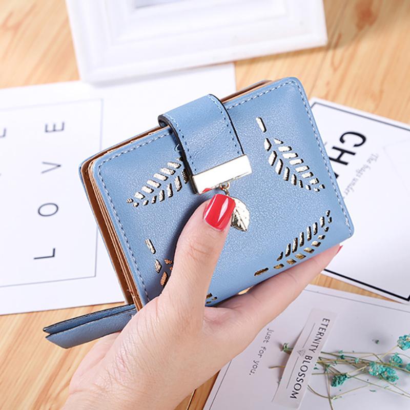 Yogodlns Women Short Standard Leather Wallet Hollow Out Leaves Decor Female Day Clutch Card Holder Money Purse Bags