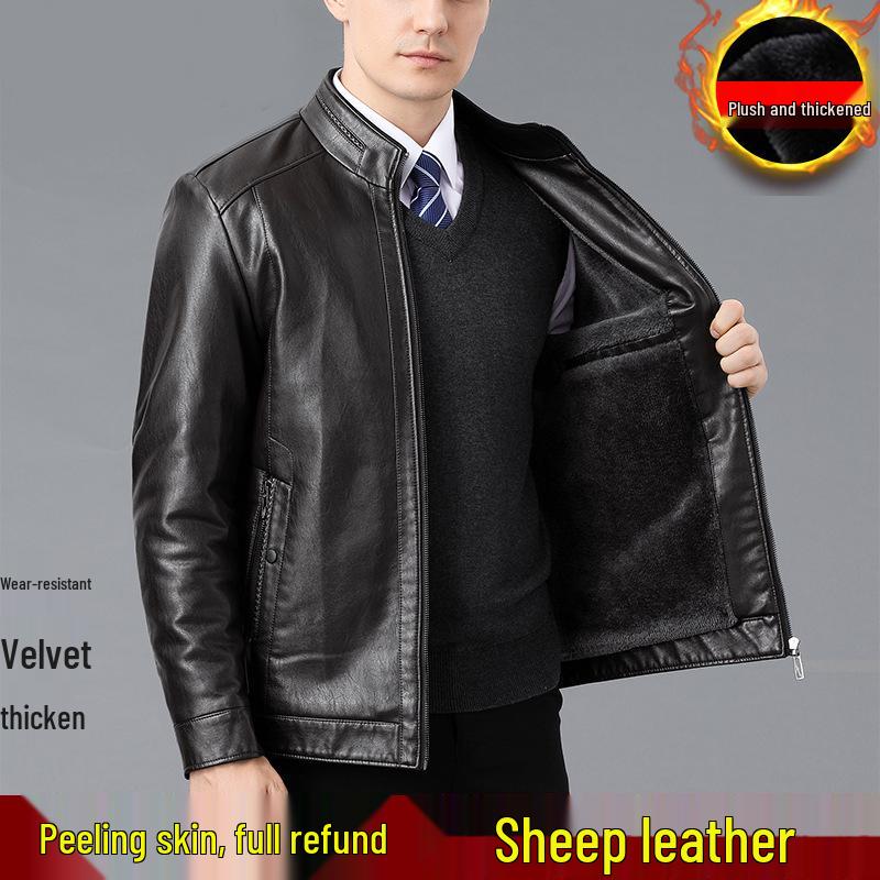 Men's Shearling Leather Jacket with Fleece Lining for Middle-Aged and Elderly Dads
