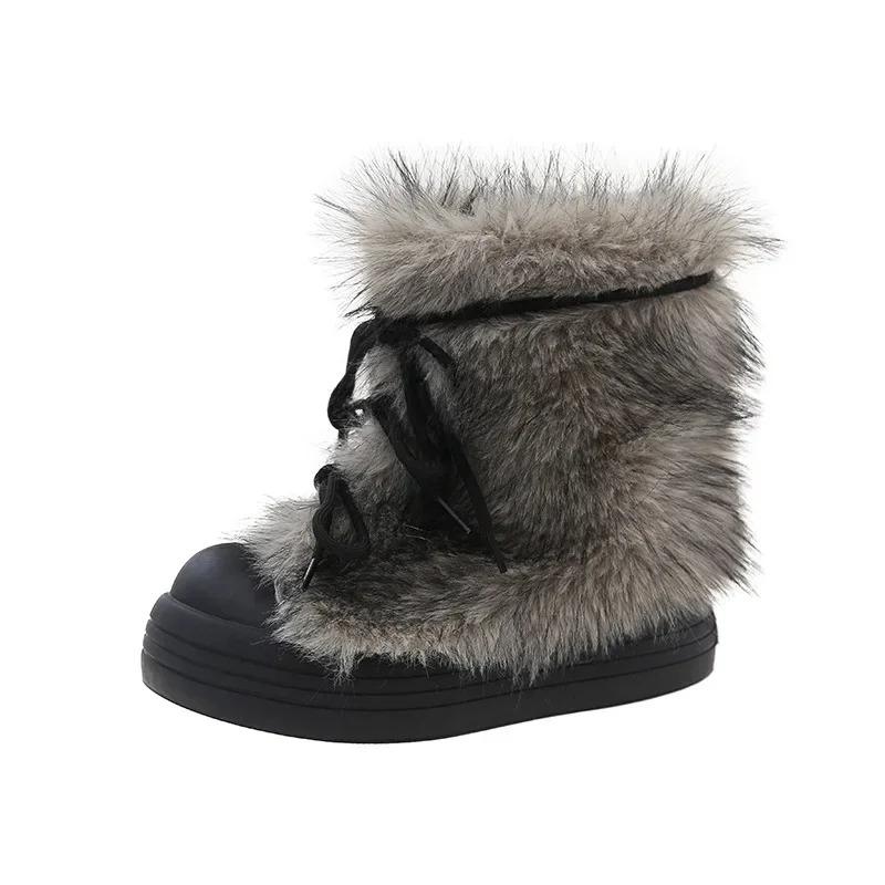 Retro Versatile Large Head Fur Boots Women's Winter New Fashionable Thick Bottom Snow Boots Warm Cold Resistant Women's Boots