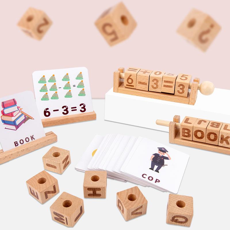 New Wooden Toy Learning Cognitive Game Spelling Words English Number Card Cube Building Block Toys Gifts For