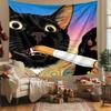 Funny Smoking Black Cat Tapestry Japanese Ukiyoe Style Cat Wall Hanging Cool Aesthetic Room Decor Suitable Offices Bars Party