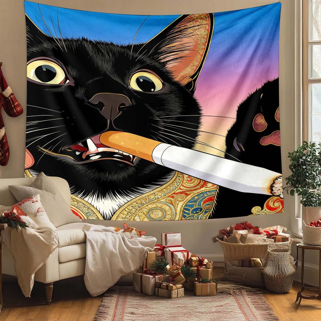 Funny Smoking Black Cat Tapestry Japanese Ukiyoe Style Cat Wall Hanging Cool Aesthetic Room Decor Suitable Offices Bars Party