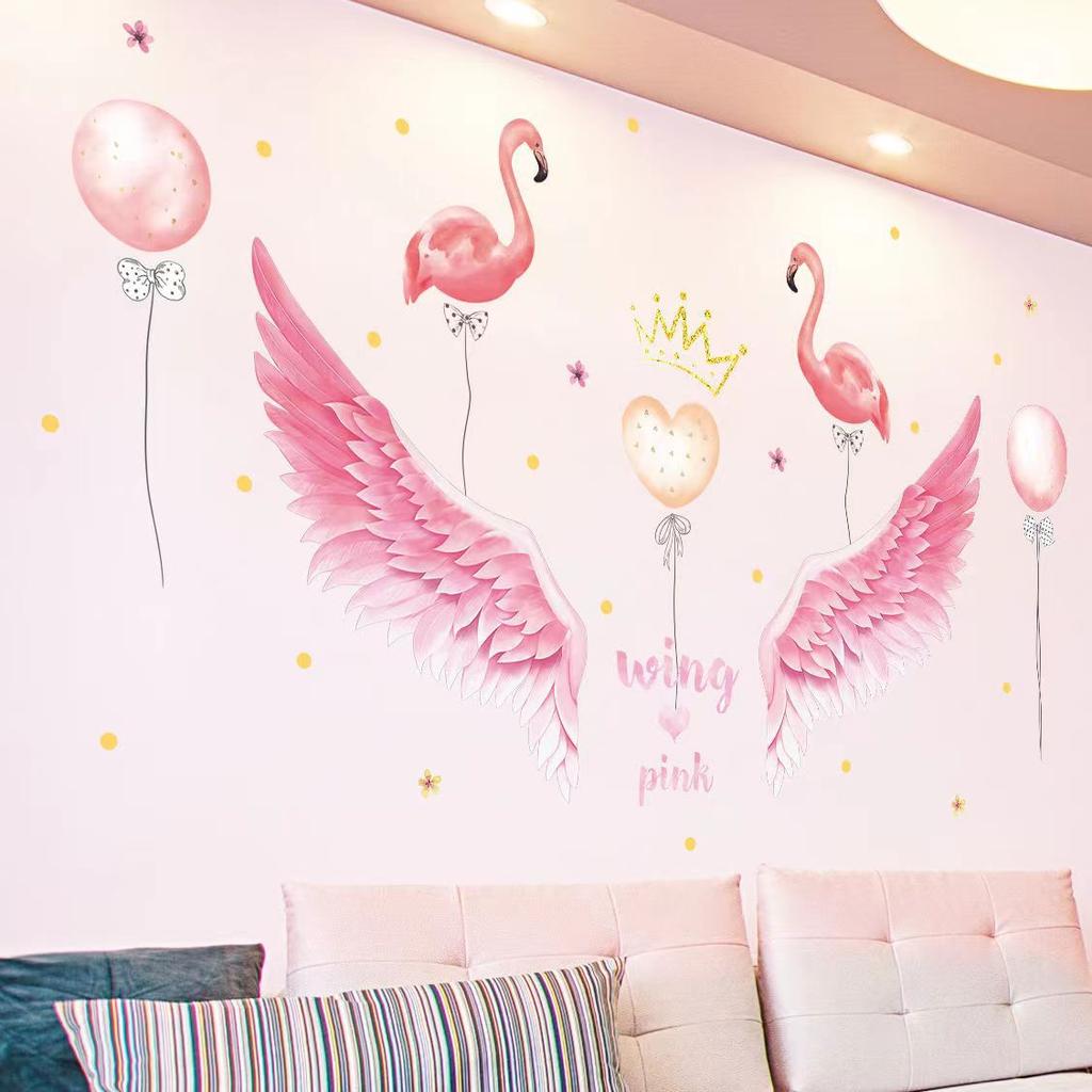 Pink Wall Sticker for Bedroom Girls, Unicorn Feather Princess Flowers Decal, Nursery Removable Wallpaper