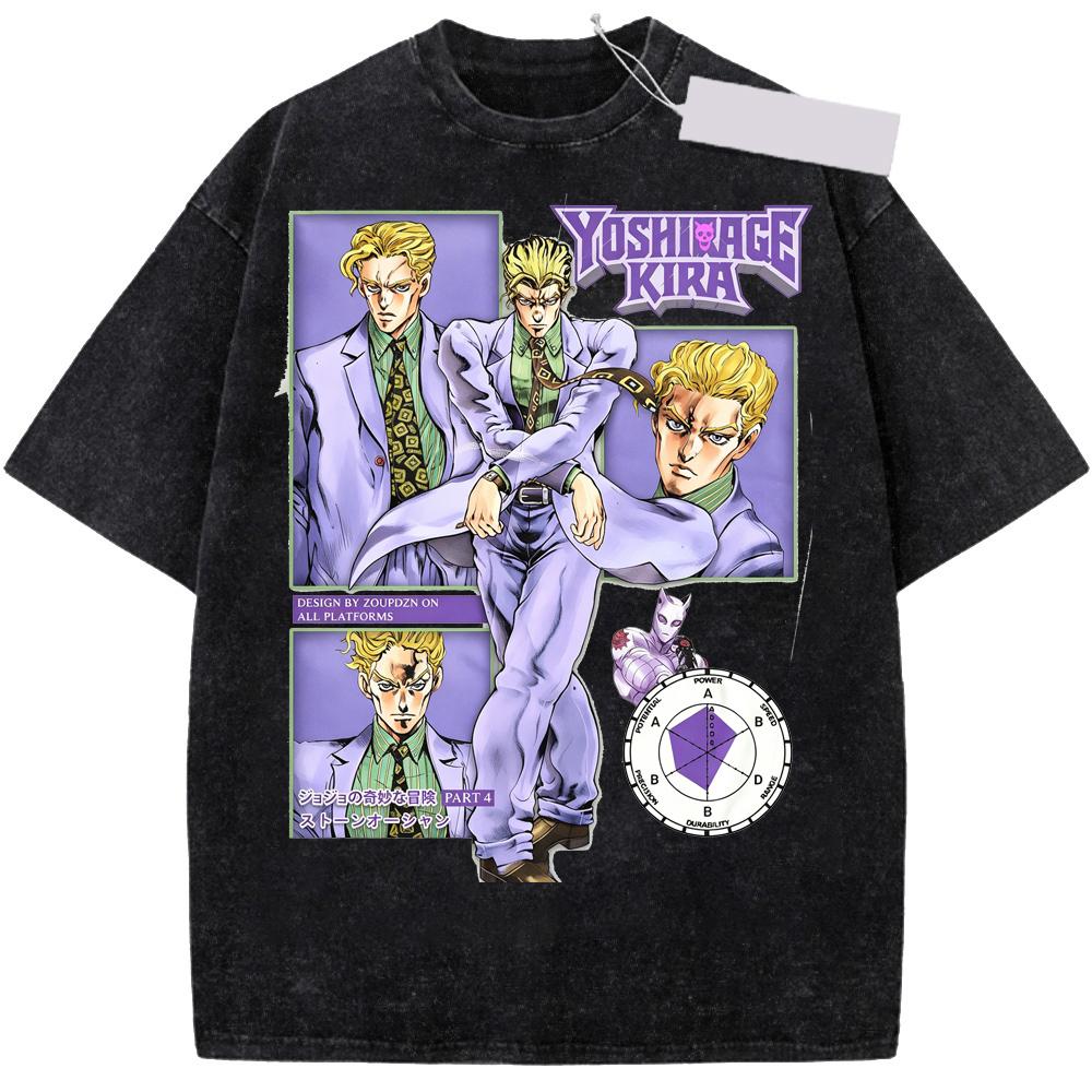 JoJo Bizarre Adventure Yoshikage Kira Vintage Washed T Shirt Streetwear Cartoon Anime Print Cotton Casual Short Sleeve Tshirt