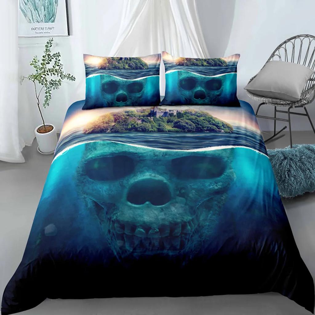 3D Skull Funny Skeleton Smoking Pattern Duvet Cover Halloween Black Skull Theme Bedroom Decoration for Children Teens Women Men